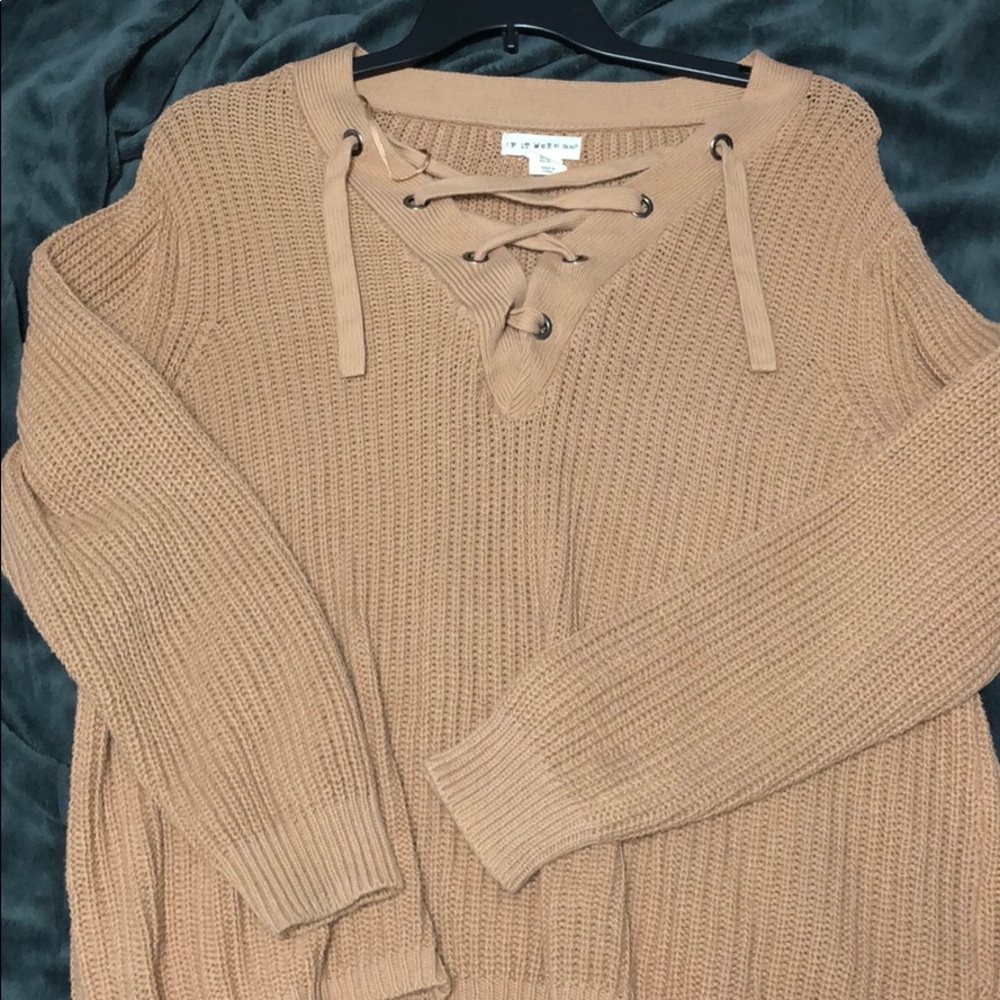 Waffle knit lace up sweater